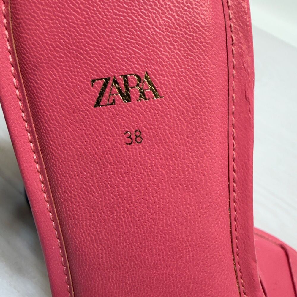 Zara‎ Flat Leather Womens Sandals Pink Square Size 38 Casual Slip on - Picture 8 of 8